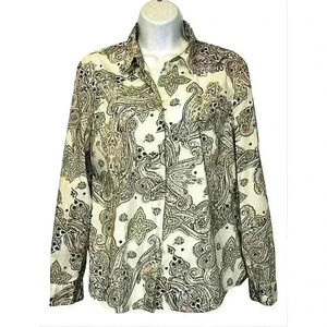 Chicos 1 shirt top button up paisley roll tab sleeve cream brown pink